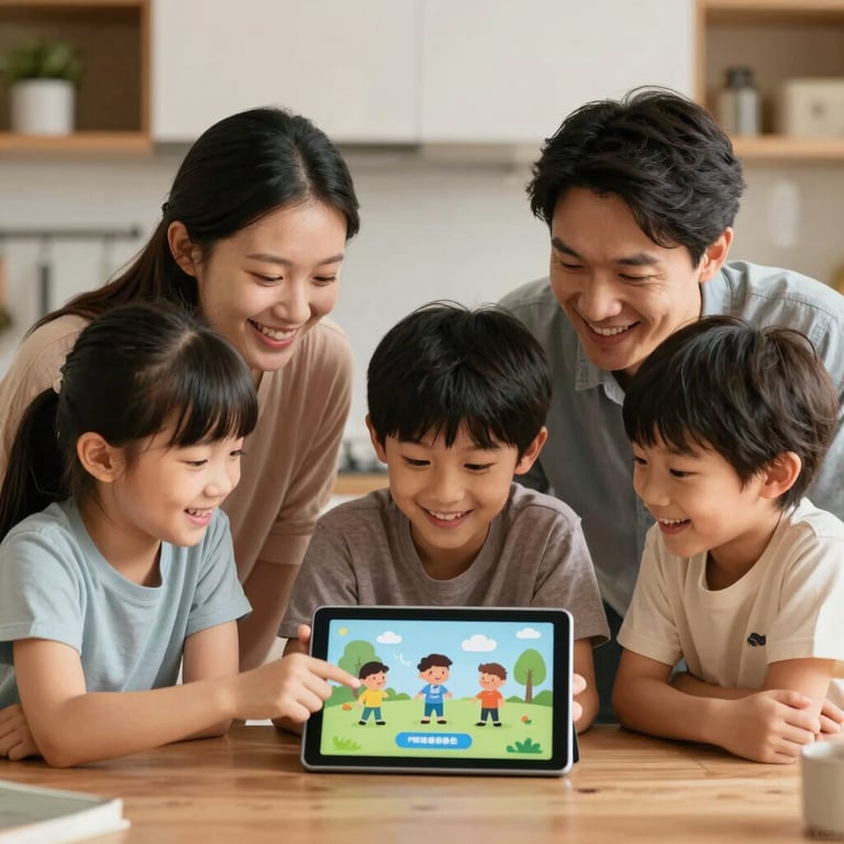 A family gathered around a tablet in a warm kitchen setting, laughing together while interacting with an educational app.