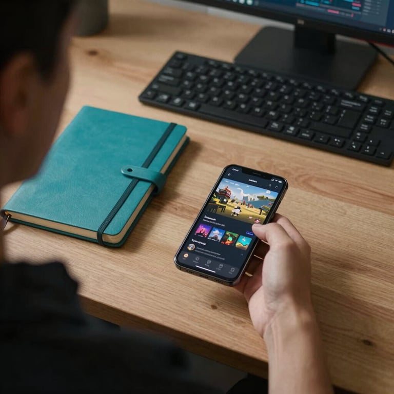 An over-the-shoulder shot of a developer's desk featuring a keyboard, a teal notebook, and a smartphone showing a game menu.