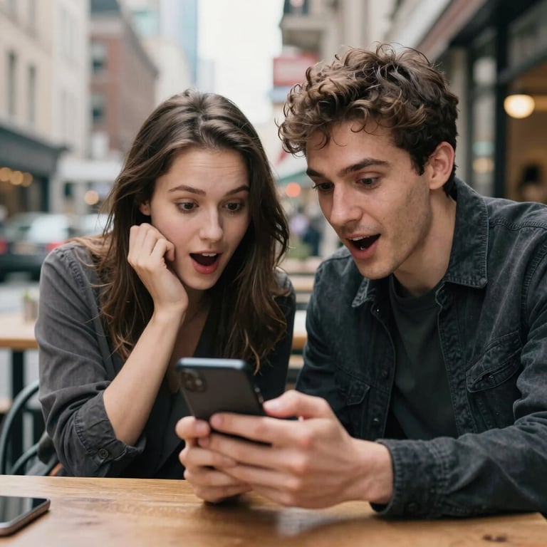 Two friends at an outdoor cafe in a Global English-speaking city, looking at a mobile screen together with expressions of surprise and joy.