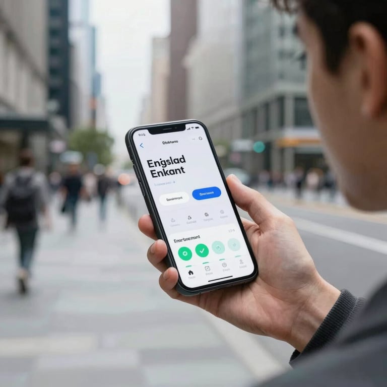 A young professional using a sleek smart productivity app on their phone while commuting in a clean city center, Global English-speaking region.