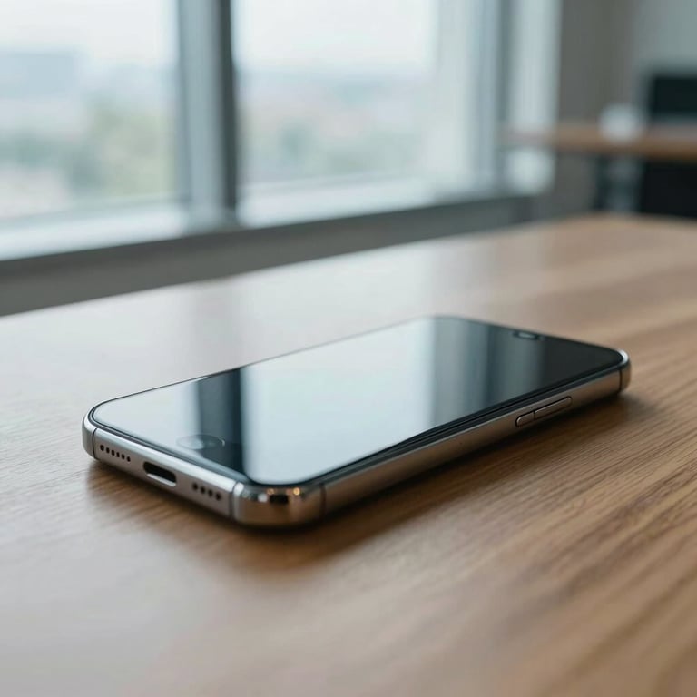 A detailed shot of a smartphone lying on a wooden table, reflecting a bright, modern office window with soft teal and light blue color tones.
