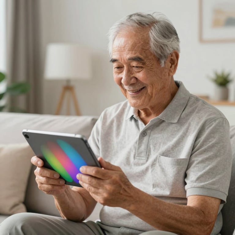 A senior person smiling while playing a colorful mobile game on a tablet in a bright, modern living room, Global English-speaking setting.