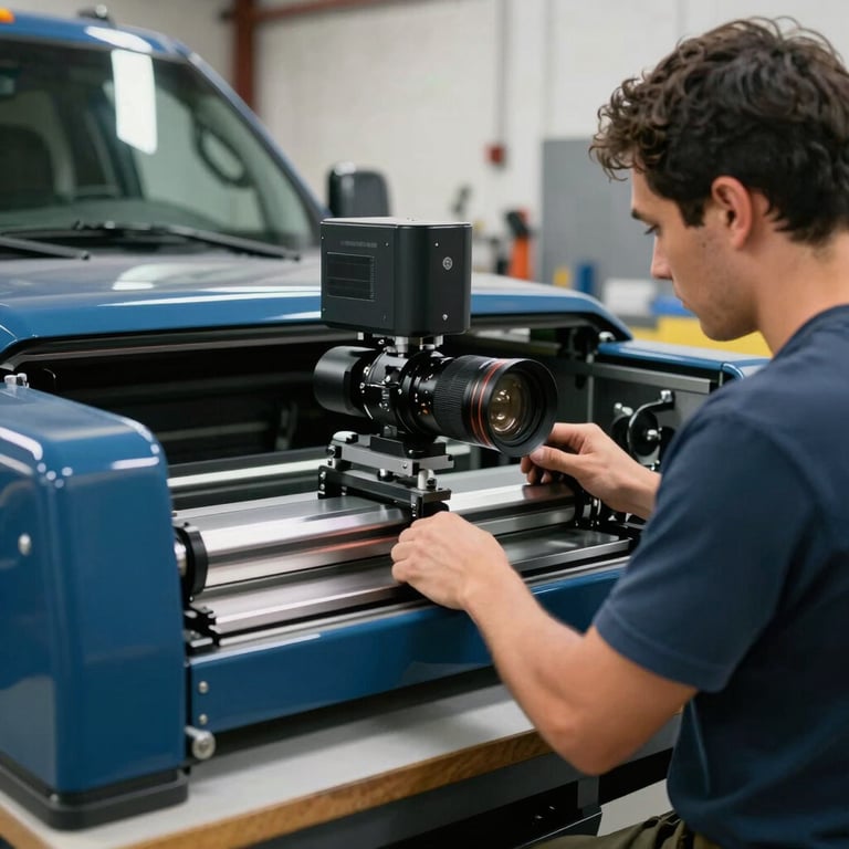 Technician using a professional frame straightening machine on a truck, North American / US setting, professional workshop with medium blue tones.