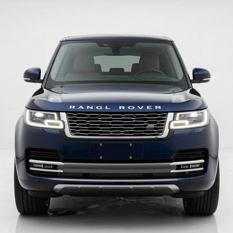 Front view of a luxury SUV undergoing final detailing, bright studio lighting, highlighting the depth of the dark blue paint.