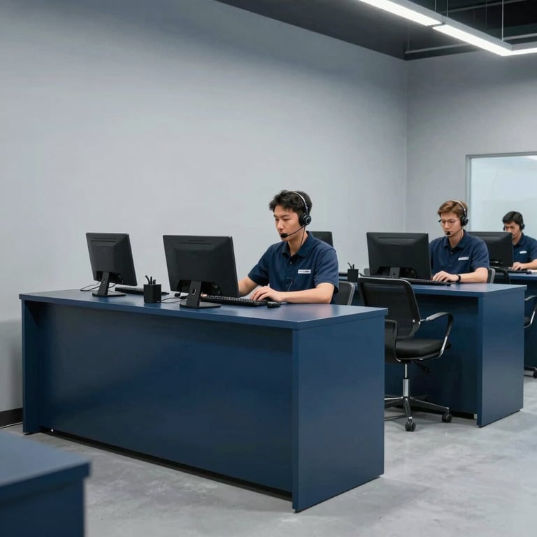 A modern North American / US customer service area in an auto body shop, clean and welcoming with dark blue furniture and light gray walls.