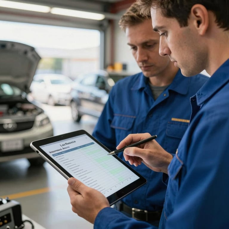Close-up of an insurance adjuster and a technician reviewing a digital estimate on a tablet in a sunny Los Angeles auto shop.