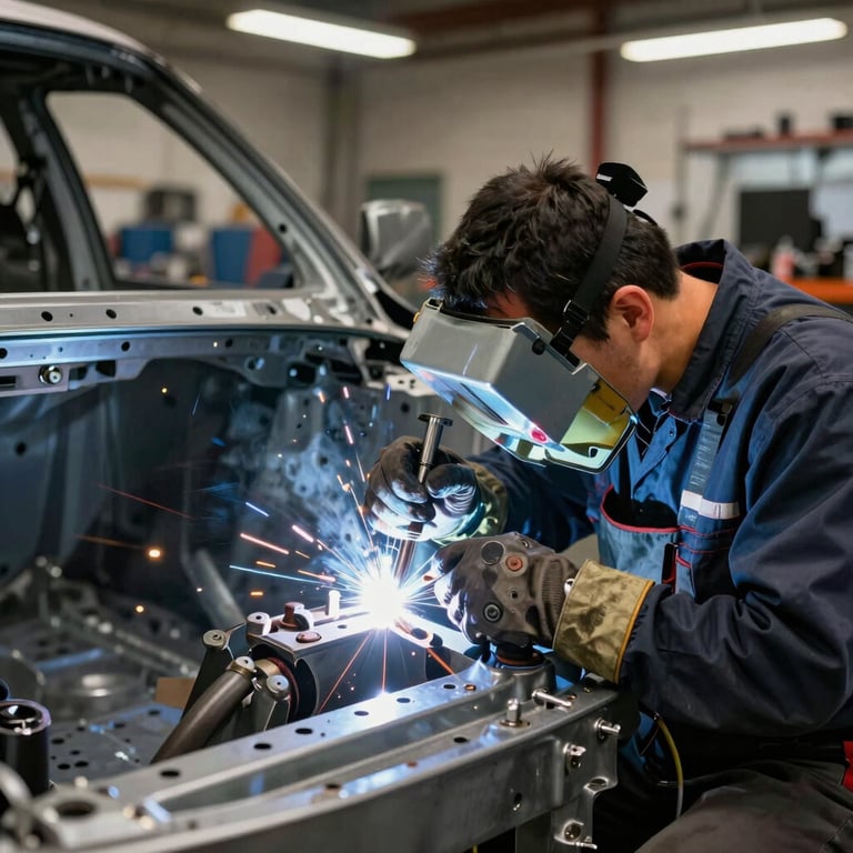 A specialist performing precision welding on a car chassis, safety gear visible, North American / US workshop with dramatic lighting.