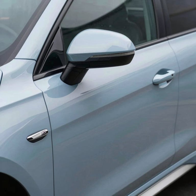 Detailed shot of a freshly painted car door with a perfect mirror finish, light blue and silver colors reflecting clean studio lighting.