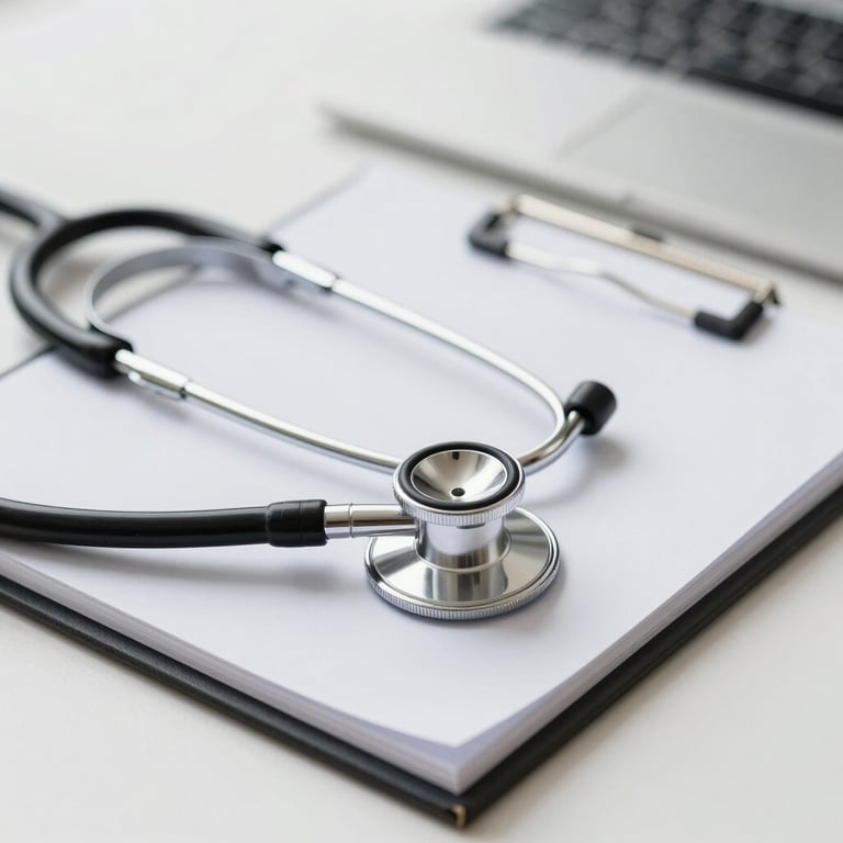A clean, modern workspace with a stethoscope and a notepad, representing clinical excellence.