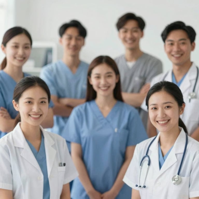 A professional team of therapists smiling warmly in a bright, professional environment.