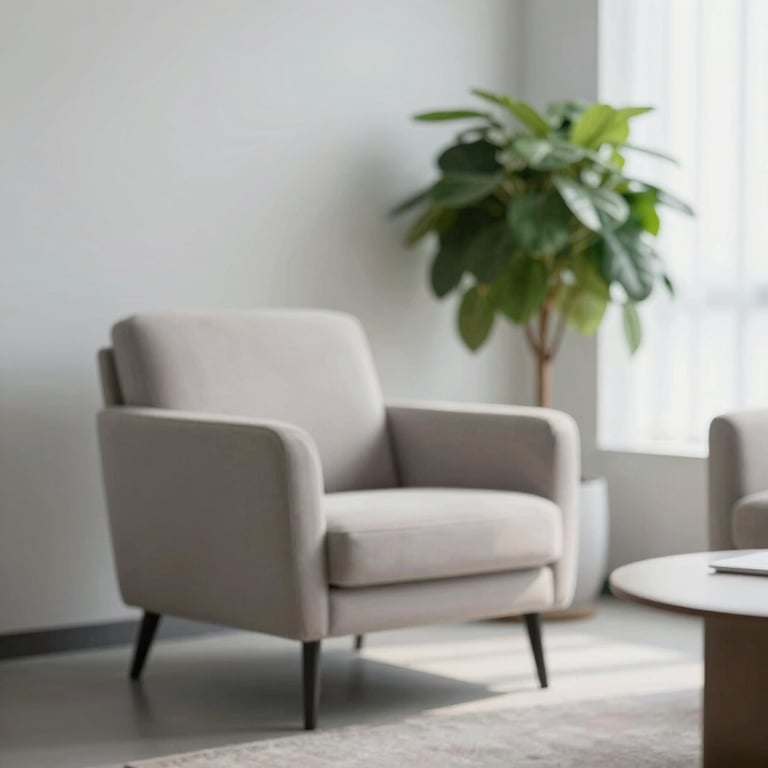 A minimalist consulting room with a comfortable armchair and a green plant, bathed in soft light.