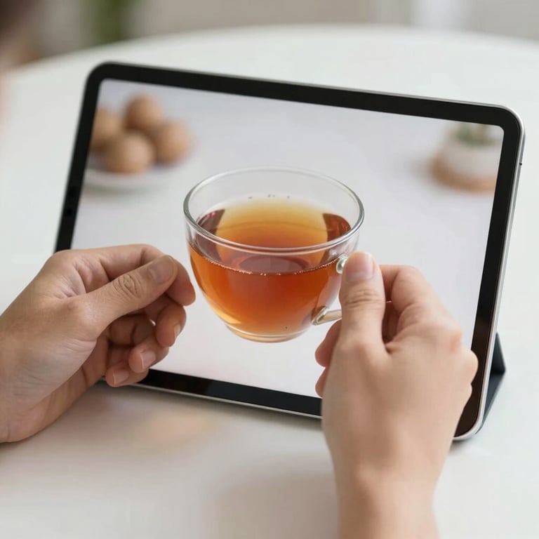 A close-up of a person's hands holding a cup of tea during a video call on a tablet.