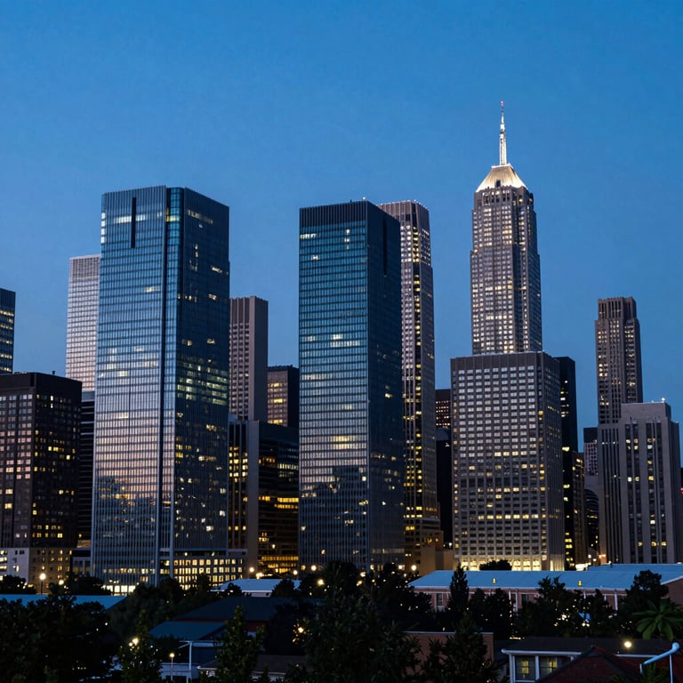 A wide shot of a modern city skyline in North America / US at dusk, with buildings illuminated in midnight blue and professional blue hues.