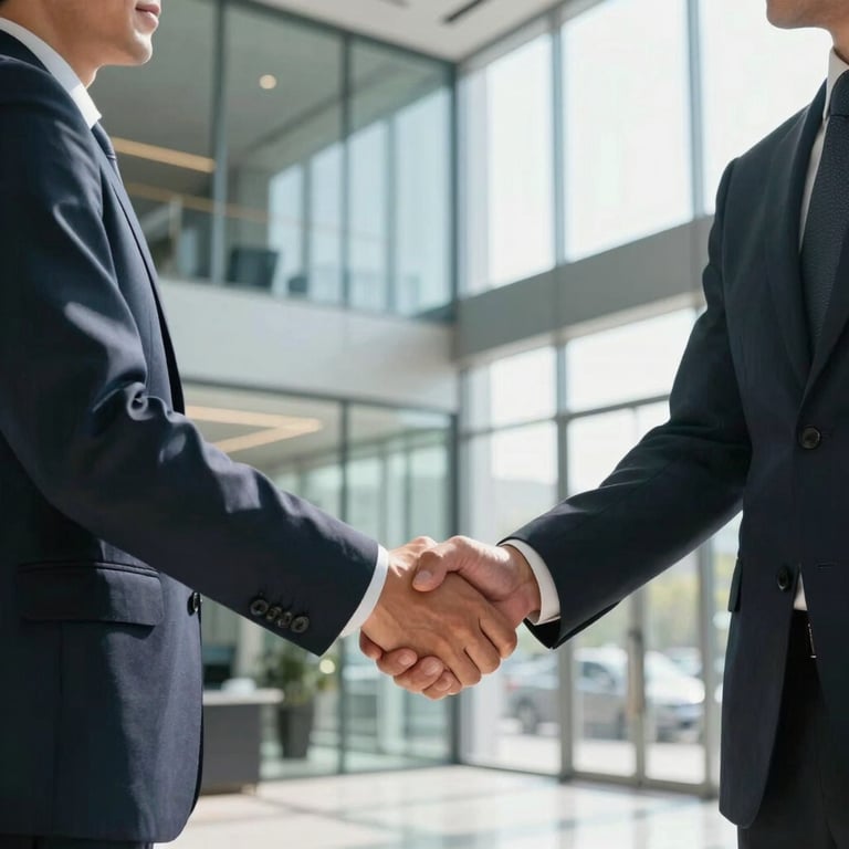 Two business partners shaking hands in a bright, modern glass lobby of a North American / US corporate headquarters.