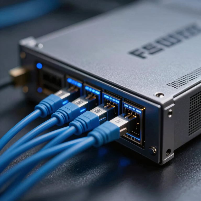 Detail of a high-speed data hub with glowing sky blue fiber optic cables, representing high-quality fintech infrastructure.