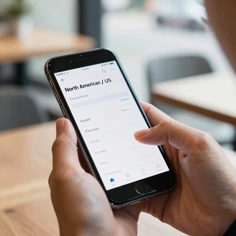 Close-up of a person's hands using a smartphone with a clean, intuitive financial application in a bright North American / US corporate cafe.