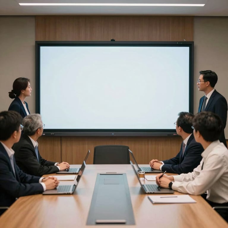 A professional team collaborating around a large screen in a North American / US boardroom, dressed in smart business attire.