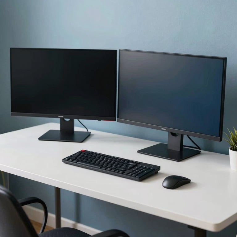 A professional working at a minimalist desk in a North American / US home office, with soft blue decor accents and two monitors.