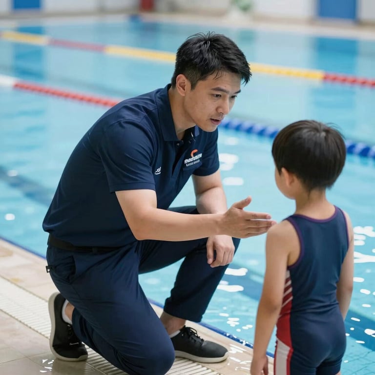 A swimming coach in a navy blue uniform kneeling on the poolside to give instructions to a child, professional and encouraging.