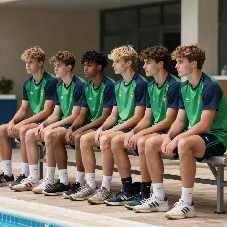 A group of young athletes sitting together on a bench by the pool, wearing matching team gear in green and navy.