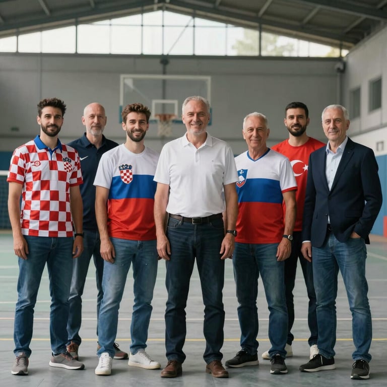 The project team from Croatia, Slovenia, and Turkey standing together in front of a sports facility, smiling professionally.