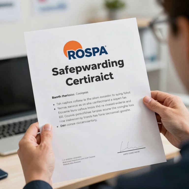 A close-up of a RoSPA safeguarding certificate held by a professional in a bright office environment.