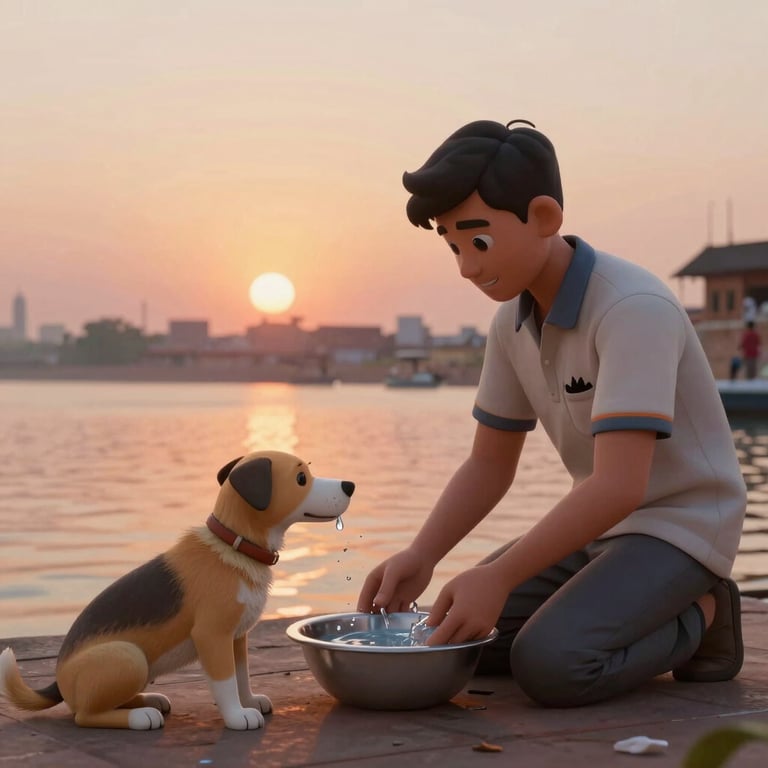 3D stylized scene of a volunteer placing a bowl of water for a dog, set against a sunset Varanasi background.
