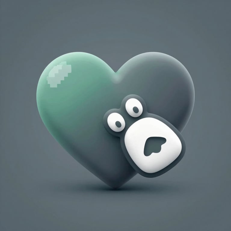3D icon-style render of a heart combined with a dog's paw, using palette colors #9BB4A6 and #1A2A2A.