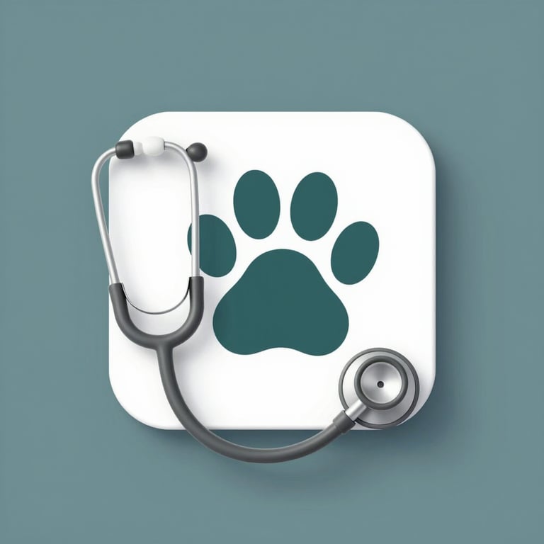 3D minimalist render of a veterinary stethoscope and a paw print icon, colors #4F6C5B and #F8F9F3.