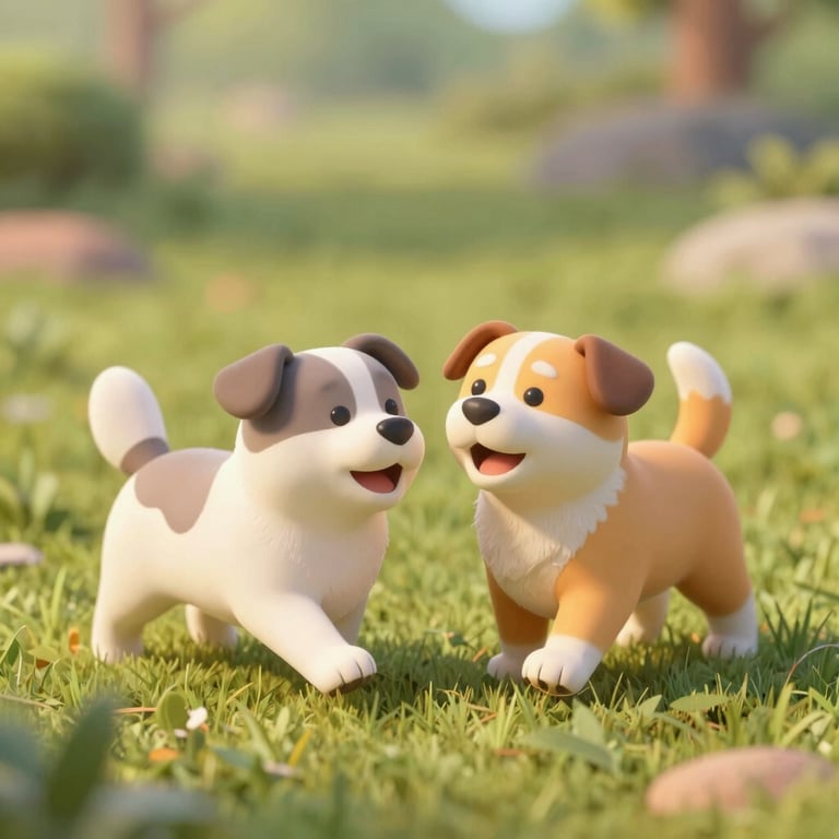 3D render of two dogs playing together in a grassy area, soft textures and warm light.