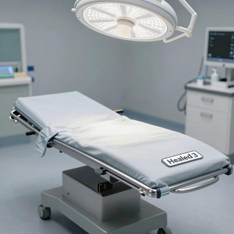3D render of a clean surgery table with a 'Healed' badge, professional and empathetic mood with #1A2A2A accents.