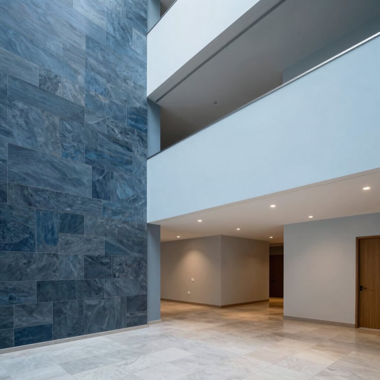 A sophisticated interior renovation in a Mexican corporate building. Professional lighting, modern architectural finishes, and clean lines. The composition shows the transformation of space with slate blue and light blue accents on walls and materials.