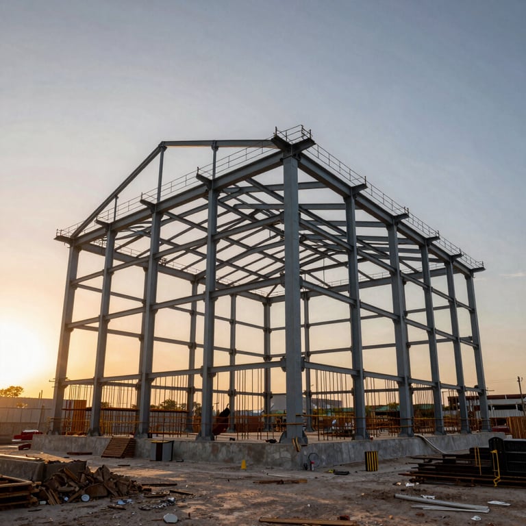 Large industrial warehouse construction site with steel frame in Mexico, sunset lighting.