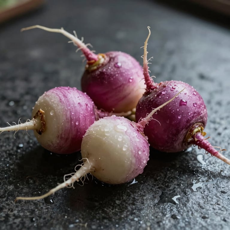 Macro close-up of wet, glistening organic radishes on a dark stone counter, soft side lighting, high contrast shadows.