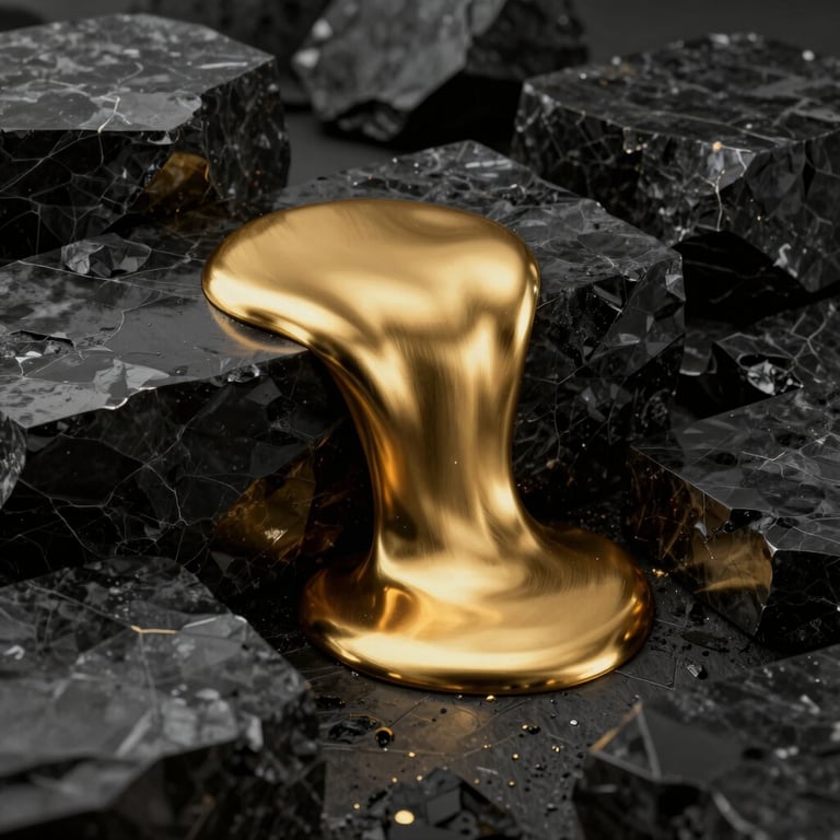 Liquid gold texture flowing over dark geometric obsidian blocks, high-contrast chiaroscuro lighting, premium 3D render