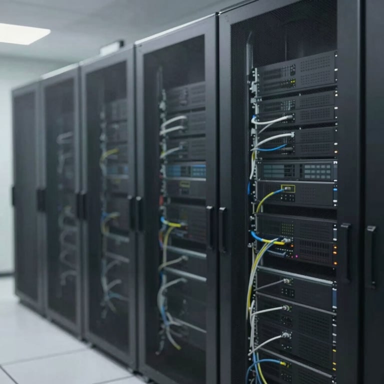 An IT server room with clean cabling, representing the company's technical brand infrastructure.