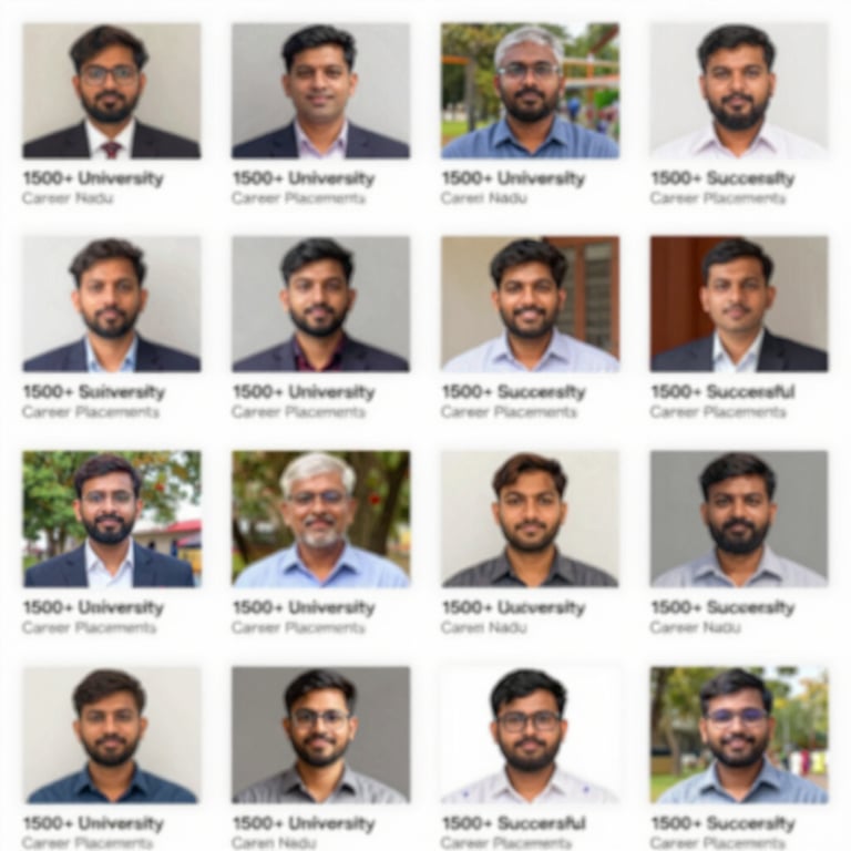 A collage of university partners across Tamil Nadu celebrating 1500+ successful career placements.