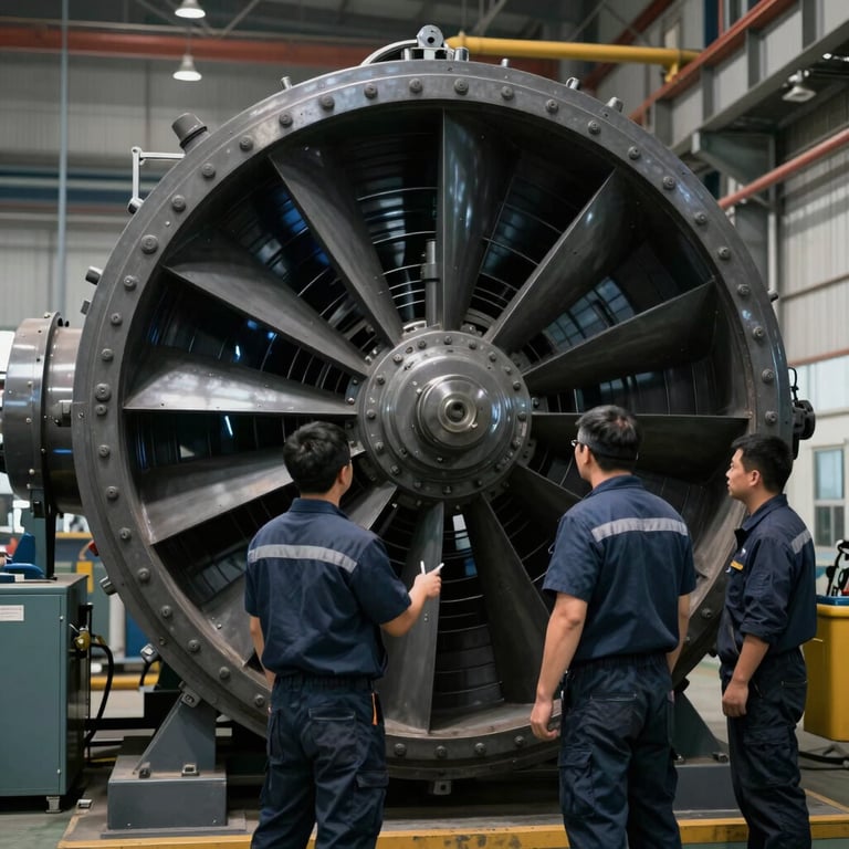 Technicians inspecting a massive industrial fan housing in a Dark Charcoal factory environment.