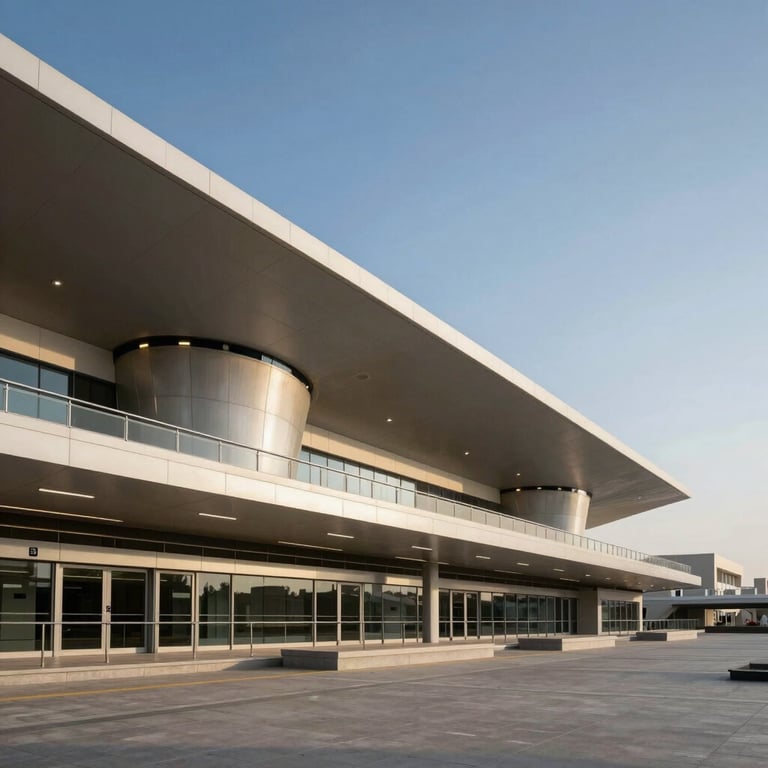 A wide shot of the Riyadh Metro station architecture under a clear blue sky, highlighting integrated industrial elements.