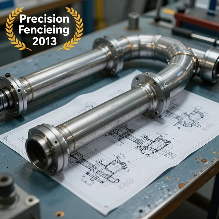 Precision engineering blueprints of a ducting system laid out on a Dusty Steel Blue workshop table.