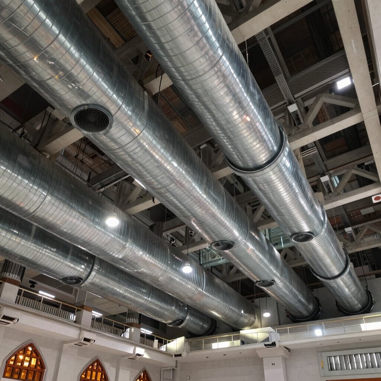 An interior view of the Holy Mosque expansion in Mekkah showing large scale ventilation ducting integrated into high ceilings.