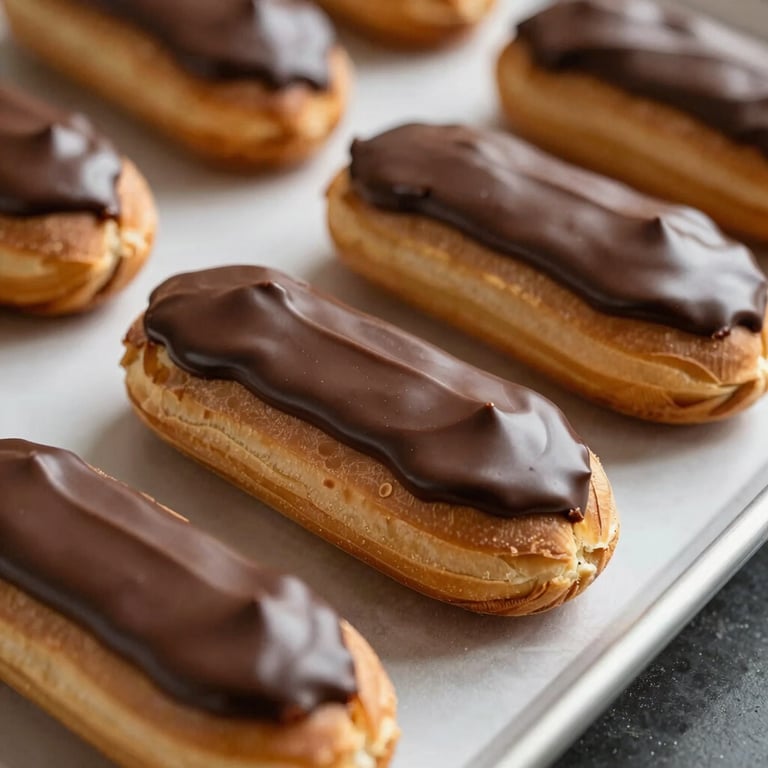 Freshly baked chocolate eclairs topped with smooth dark brown icing on a tray.