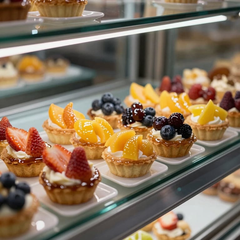 A row of colorful fruit tartlets with shiny glaze displayed in an elegant glass cabinet.