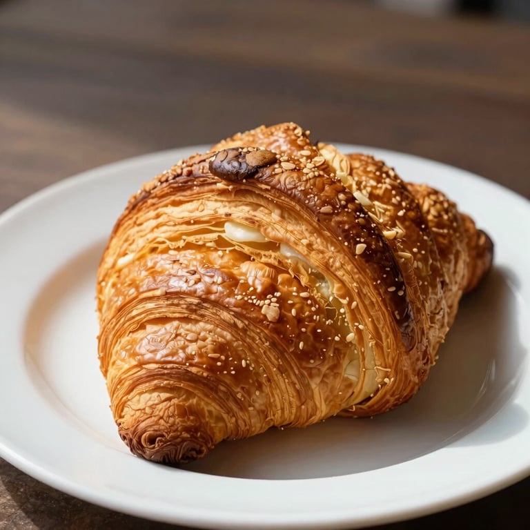 A macro shot of a flaky, golden-brown croissant on a white ceramic plate in a sunlit bakery in France.