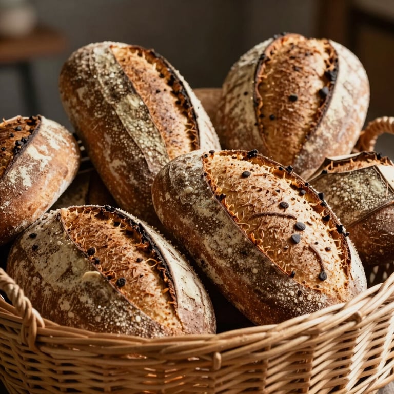 An assortment of rustic sourdough loaves in a wicker basket, warm lighting.