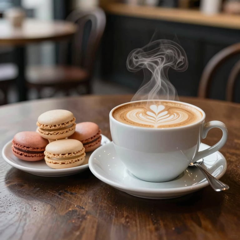 A steaming cup of café au lait next to a small plate of macarons in a cozy French café setting.