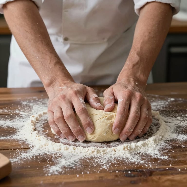 A baker's hands kneading soft dough on a flour-dusted dark brown wooden surface.