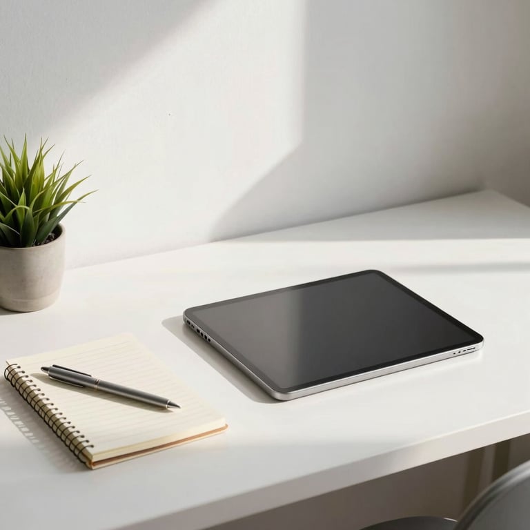 A clean, minimalist creator workspace featuring a tablet, a notebook, and a small green plant under soft morning light.