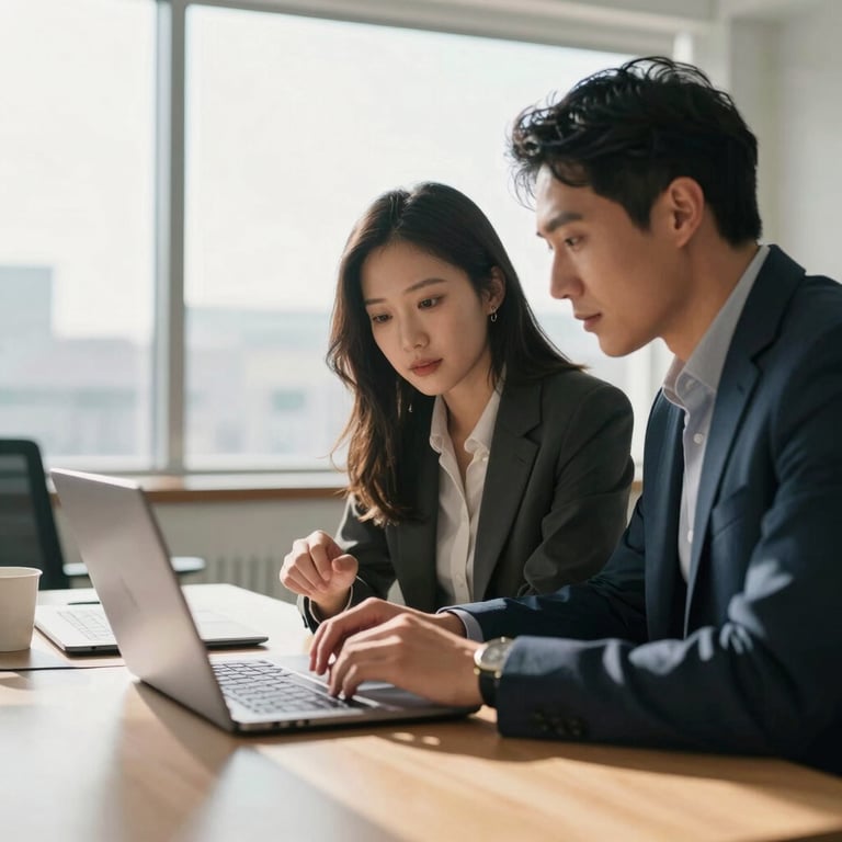 Two professionals in a sun-drenched North American office collaborating over a presentation on a sleek laptop.