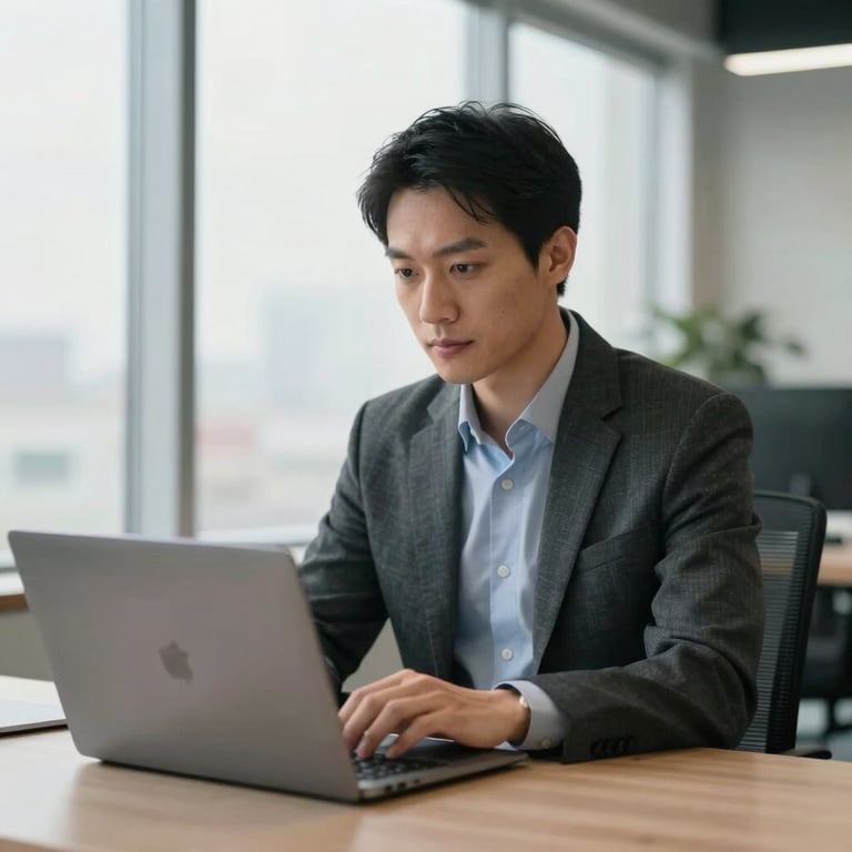 A successful professional in a modern North American studio office, looking confidently at a laptop screen with a bright window backdrop.